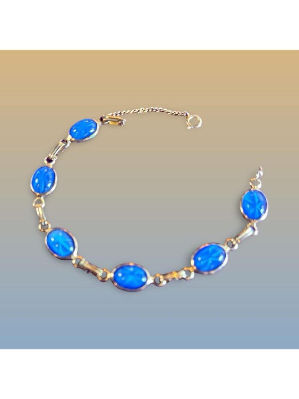 Blue Star Glass Oval Link Bracelet With Gold-Tone Chain & Clasp Vintage Gift - Picture 4 of 9